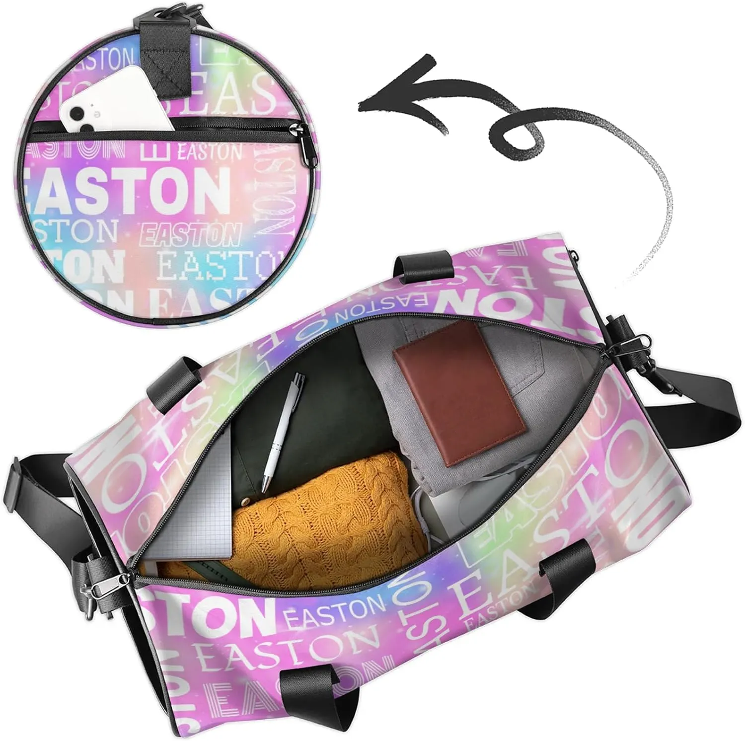Custom Sport Gym Duffel Bag with Name Round Personalized Travel Overnight Bag Waterproof Customized Dance Bag Carry-On Tote 17.6in, Rainbow Sparkly