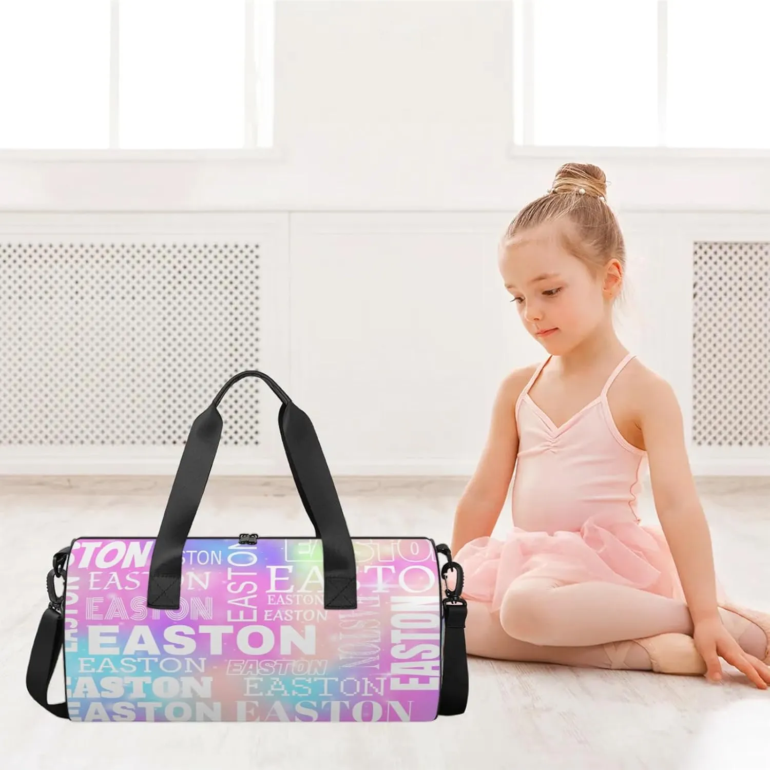 Custom Sport Gym Duffel Bag with Name Round Personalized Travel Overnight Bag Waterproof Customized Dance Bag Carry-On Tote 17.6in, Rainbow Sparkly