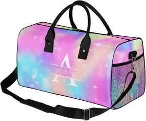 Custom Sports Duffel Bag Personalized Name Dance Gym Bag for Women Men Overnight Weekender Travel Duffel Bags Lightweight 17.4in, Rainbow Sparkly