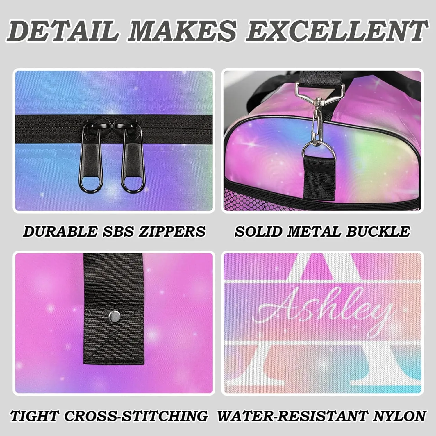 Custom Sports Duffel Bag Personalized Name Dance Gym Bag for Women Men Overnight Weekender Travel Duffel Bags Lightweight 17.4in, Rainbow Sparkly