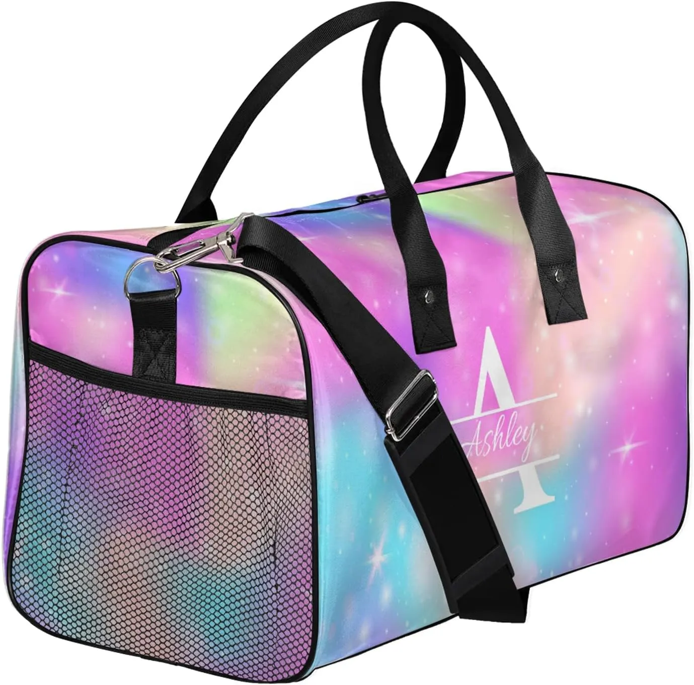 Custom Sports Duffel Bag Personalized Name Dance Gym Bag for Women Men Overnight Weekender Travel Duffel Bags Lightweight 17.4in, Rainbow Sparkly