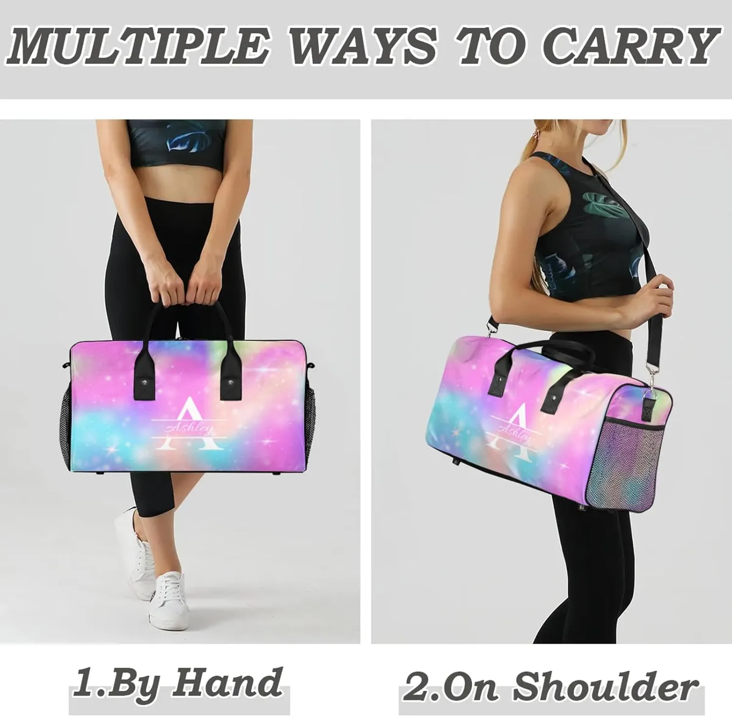 Custom Sports Duffel Bag Personalized Name Dance Gym Bag for Women Men Overnight Weekender Travel Duffel Bags Lightweight 17.4in, Rainbow Sparkly