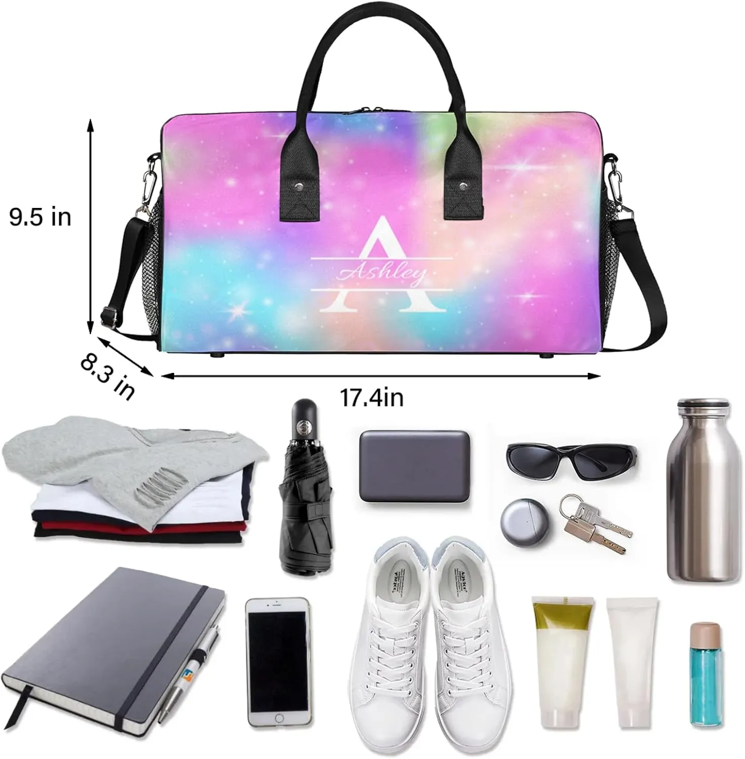 Custom Sports Duffel Bag Personalized Name Dance Gym Bag for Women Men Overnight Weekender Travel Duffel Bags Lightweight 17.4in, Rainbow Sparkly