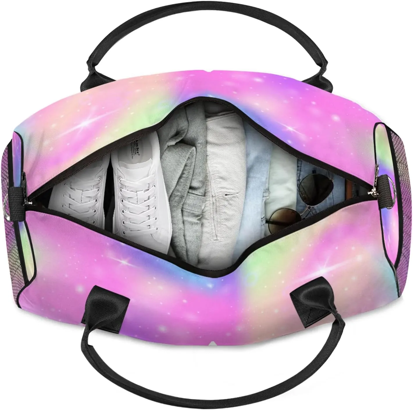 Custom Sports Duffel Bag Personalized Name Dance Gym Bag for Women Men Overnight Weekender Travel Duffel Bags Lightweight 17.4in, Rainbow Sparkly