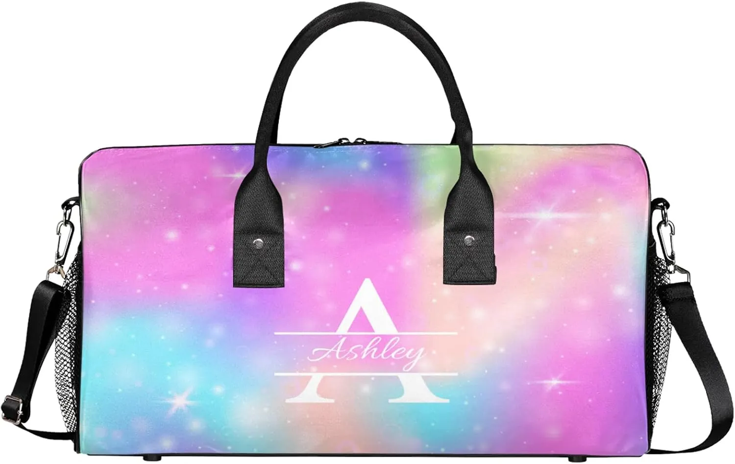Custom Sports Duffel Bag Personalized Name Dance Gym Bag for Women Men Overnight Weekender Travel Duffel Bags Lightweight 17.4in, Rainbow Sparkly