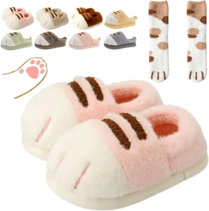 Cute Cat Paw Slippers for Women, 3D Fluffy Cat Paw Slipper, Cozy Furry Warm Winter Kitty Paw Shoes for House Indoor Outdoor