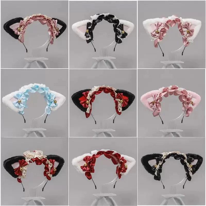 Cute Lolita Cat Ear Headband with Lace Bows Kawaii Fluffy Neko Maid Hair Accessory
