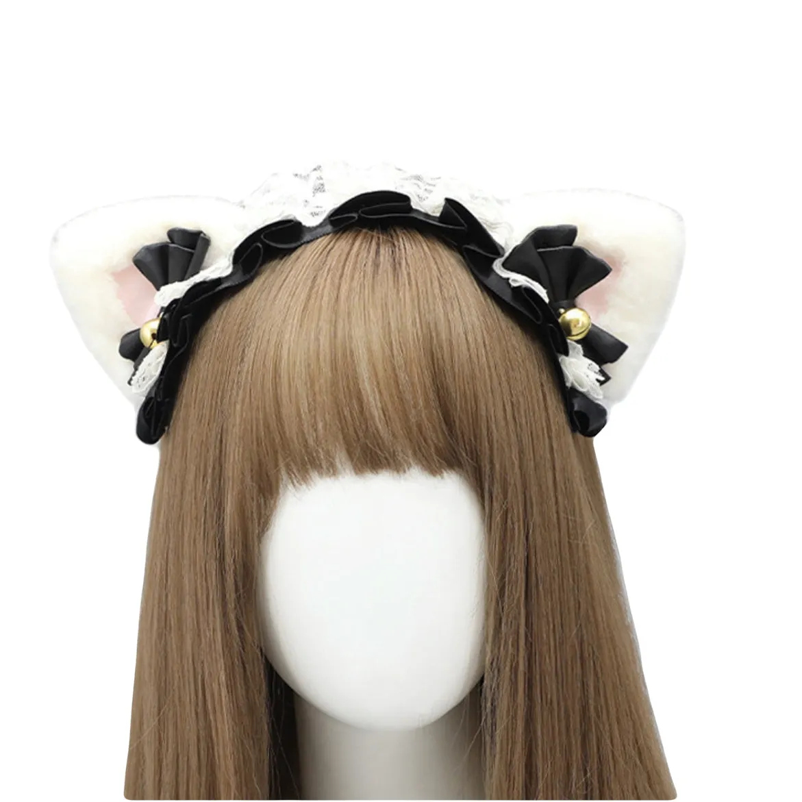 Cute Lolita Cat Ear Headband with Lace Bows Kawaii Fluffy Neko Maid Hair Accessory