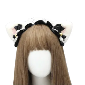 Cute Lolita Cat Ear Headband with Lace Bows Kawaii Fluffy Neko Maid Hair Accessory