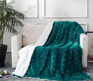 DaDa Bedding Lavish Emerald Teal Green Faux Fur Fuzzy Throw Blanket - Mermaid Scales Design White Sherpa Backside - Soft Warm Plush Bright Vibrant Jewel Tones Embossed for Bed/Couch - 50" x 60"