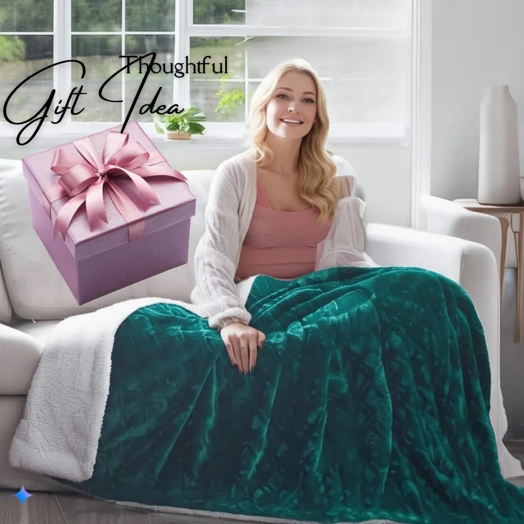 DaDa Bedding Lavish Emerald Teal Green Faux Fur Fuzzy Throw Blanket - Mermaid Scales Design White Sherpa Backside - Soft Warm Plush Bright Vibrant Jewel Tones Embossed for Bed/Couch - 50" x 60"