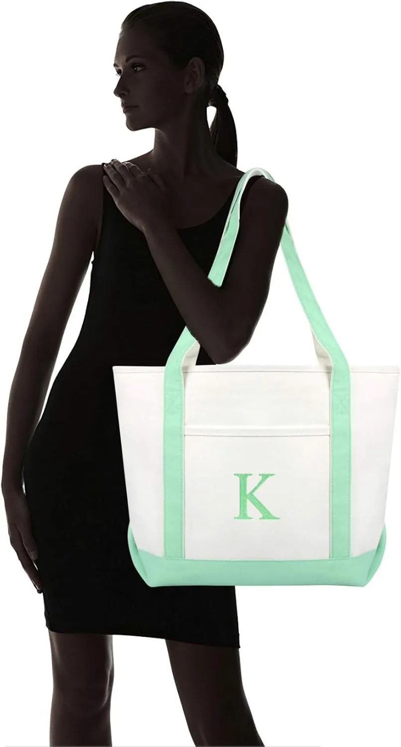 DALIX 20" K-Initial Tote Bag Monogrammed Cotton Canvas in Mint Green