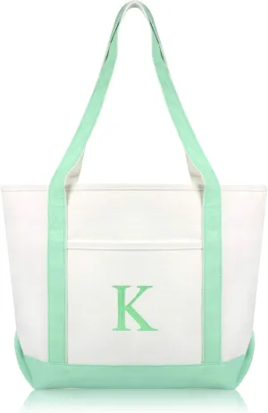 DALIX 20" K-Initial Tote Bag Monogrammed Cotton Canvas in Mint Green