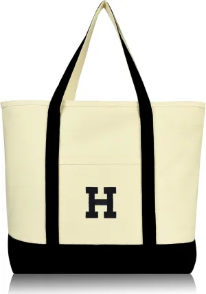 DALIX Initial Tote Bag Personalized Monogram Black Zippered Top Letter - H