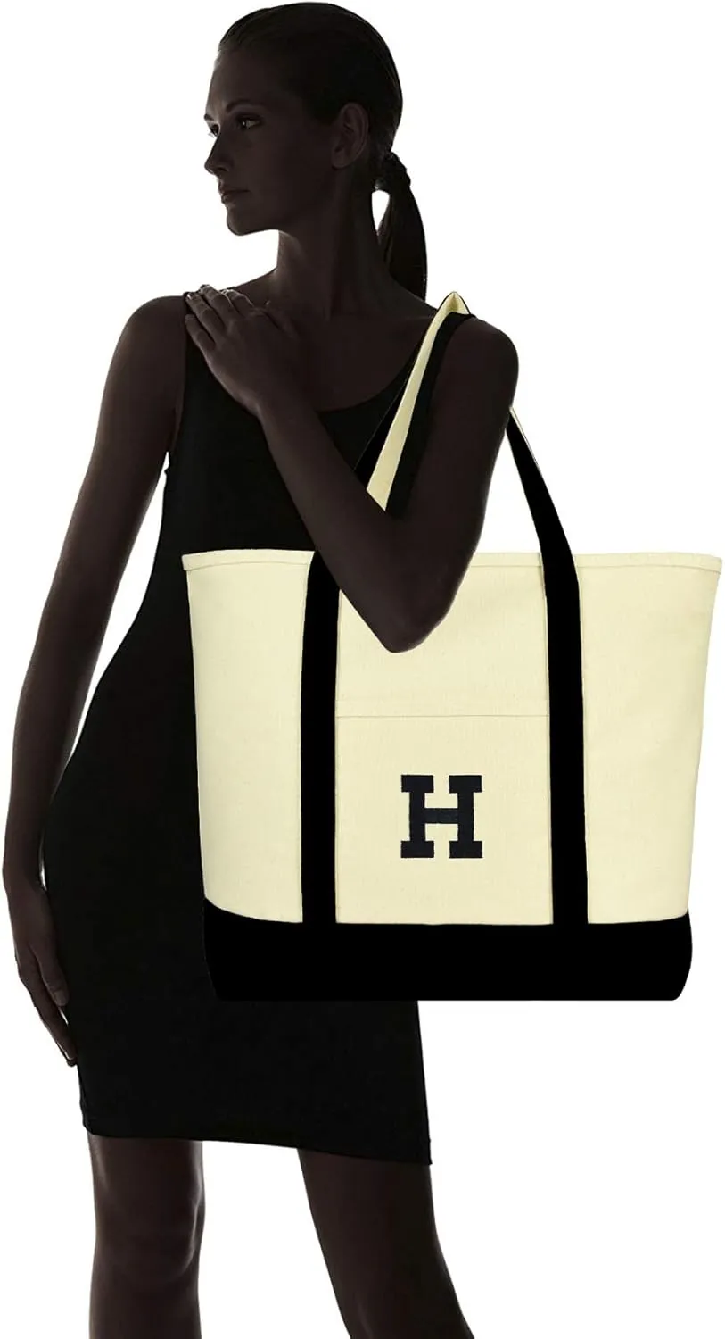 DALIX Initial Tote Bag Personalized Monogram Black Zippered Top Letter - H