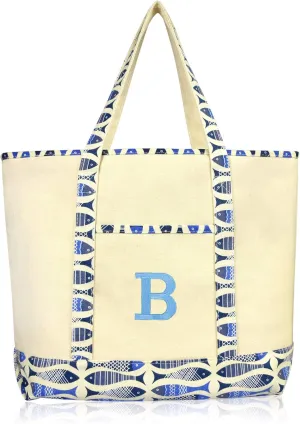 DALIX Initial Tote Bag Personalized Monogram Blue Antique Fish Zippered Top Bold Letter - B