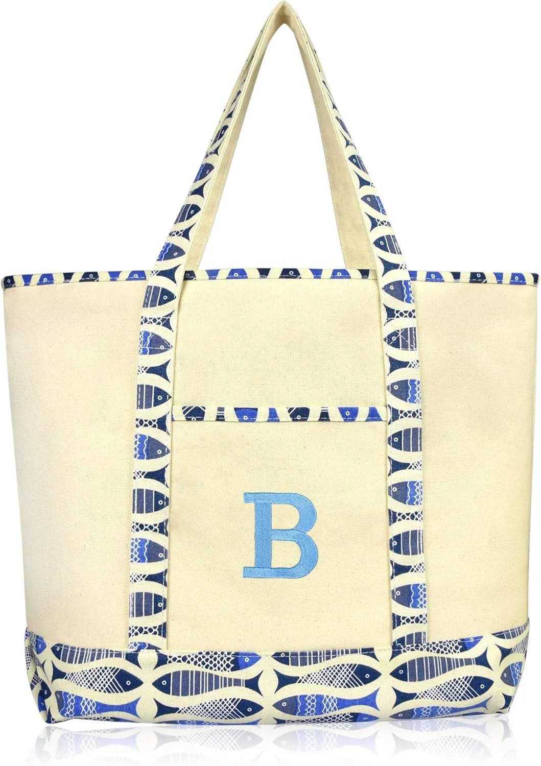 DALIX Initial Tote Bag Personalized Monogram Blue Antique Fish Zippered Top Bold Letter - B