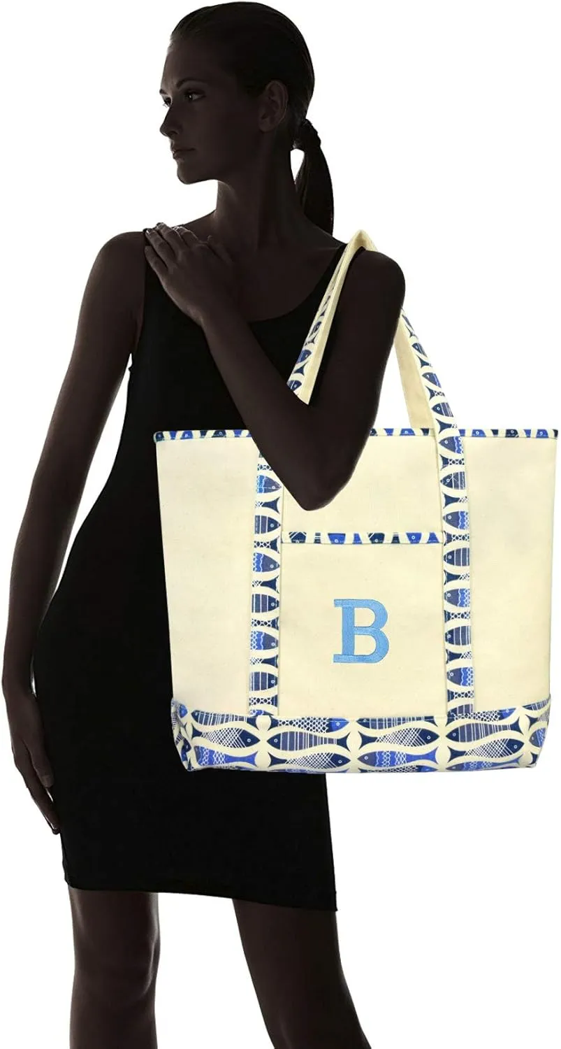 DALIX Initial Tote Bag Personalized Monogram Blue Antique Fish Zippered Top Bold Letter - B
