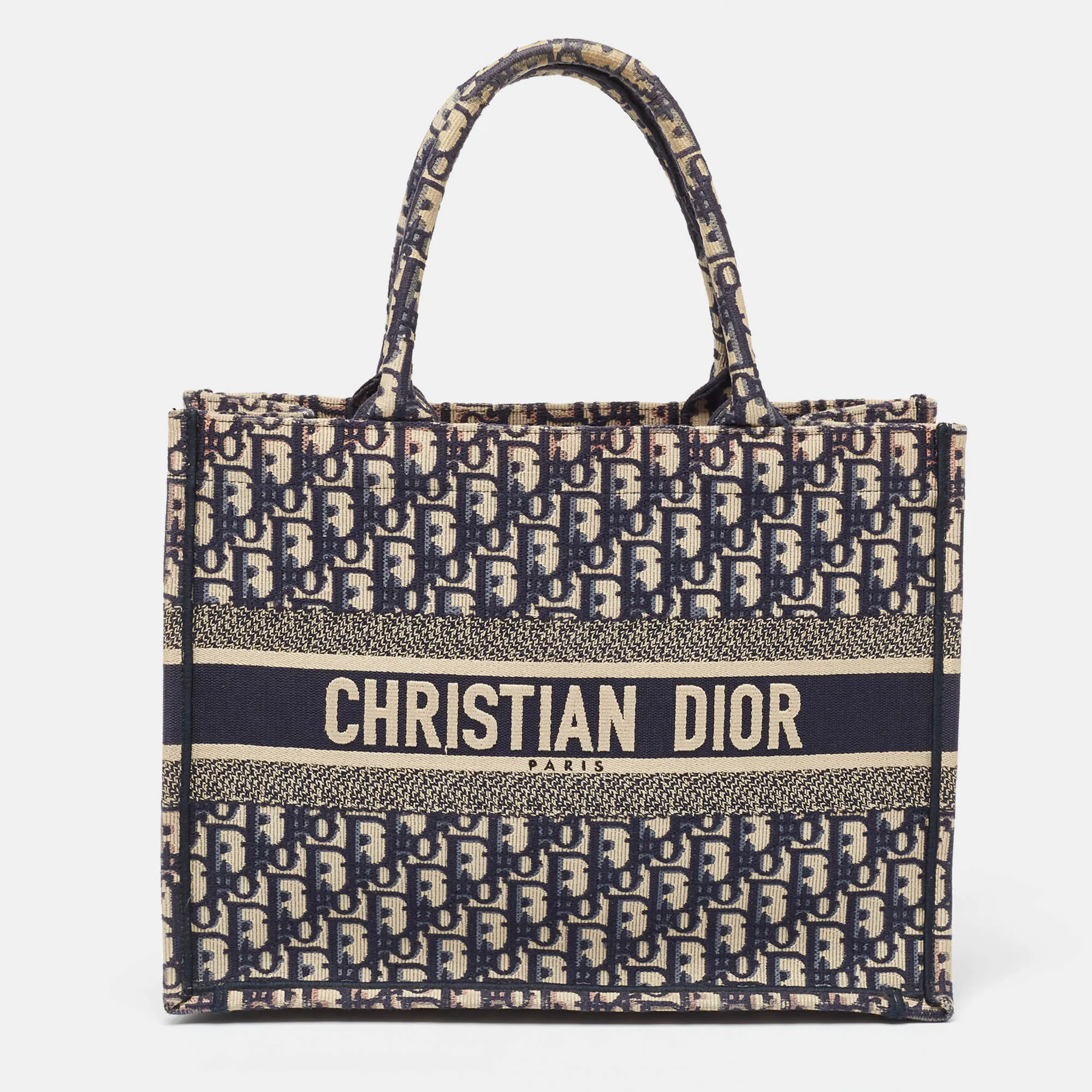 DIOR Navy Blue Oblique Embroidered Canvas Medium Book Tote