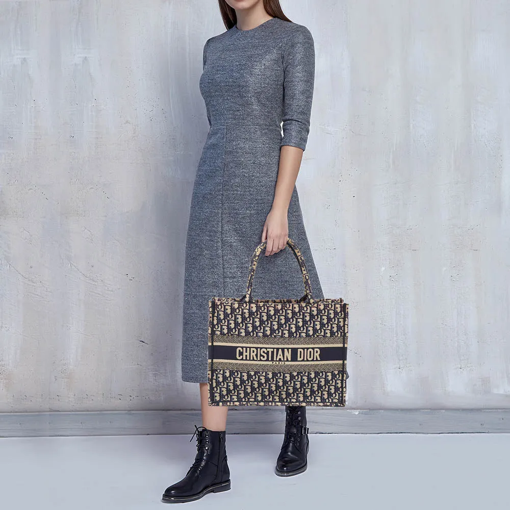 DIOR Navy Blue Oblique Embroidered Canvas Medium Book Tote