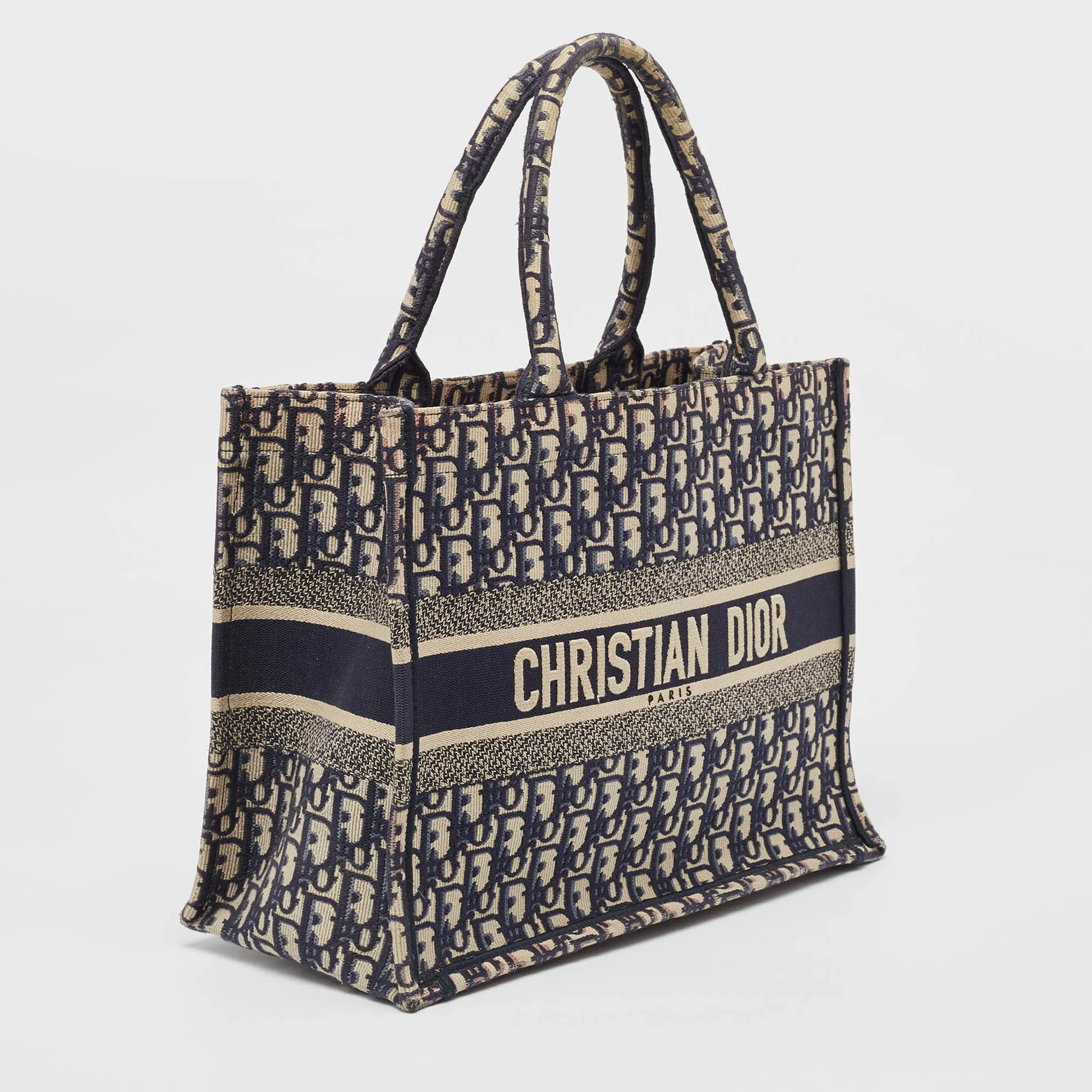DIOR Navy Blue Oblique Embroidered Canvas Medium Book Tote
