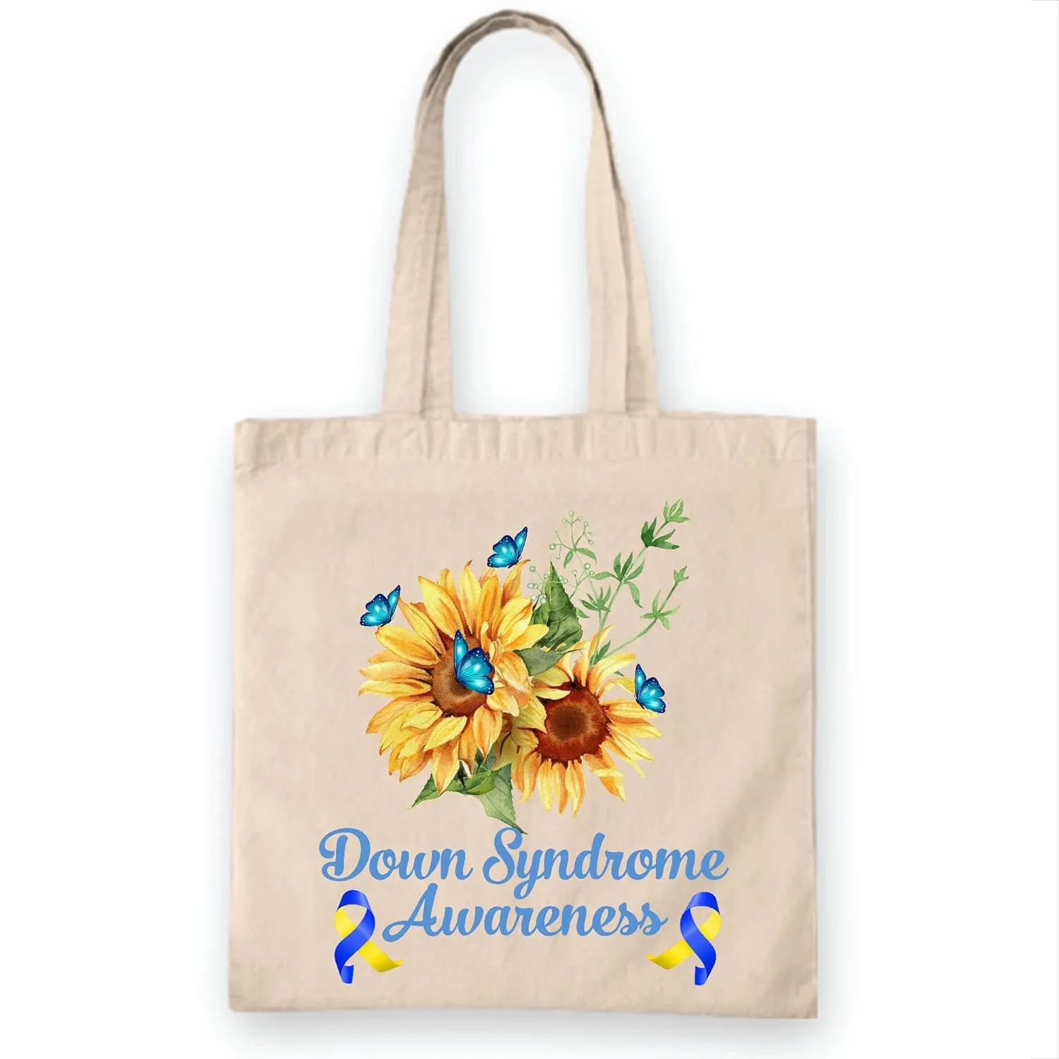 Down Syndrome Awareness Gift Sunflower for Males Females Yellow Blue Ribbon White Multicolor Canvas Tote Bag