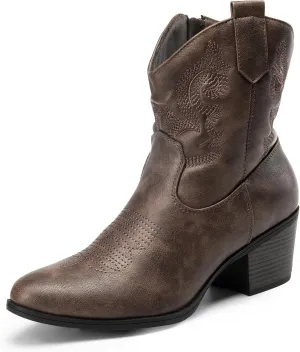 DREAM PAIRS Women's Western Cowboy Cowgirl Embroidered Ankle Boots Fashion Low chunky Heel Round Toe Fall Short Booties Shoes