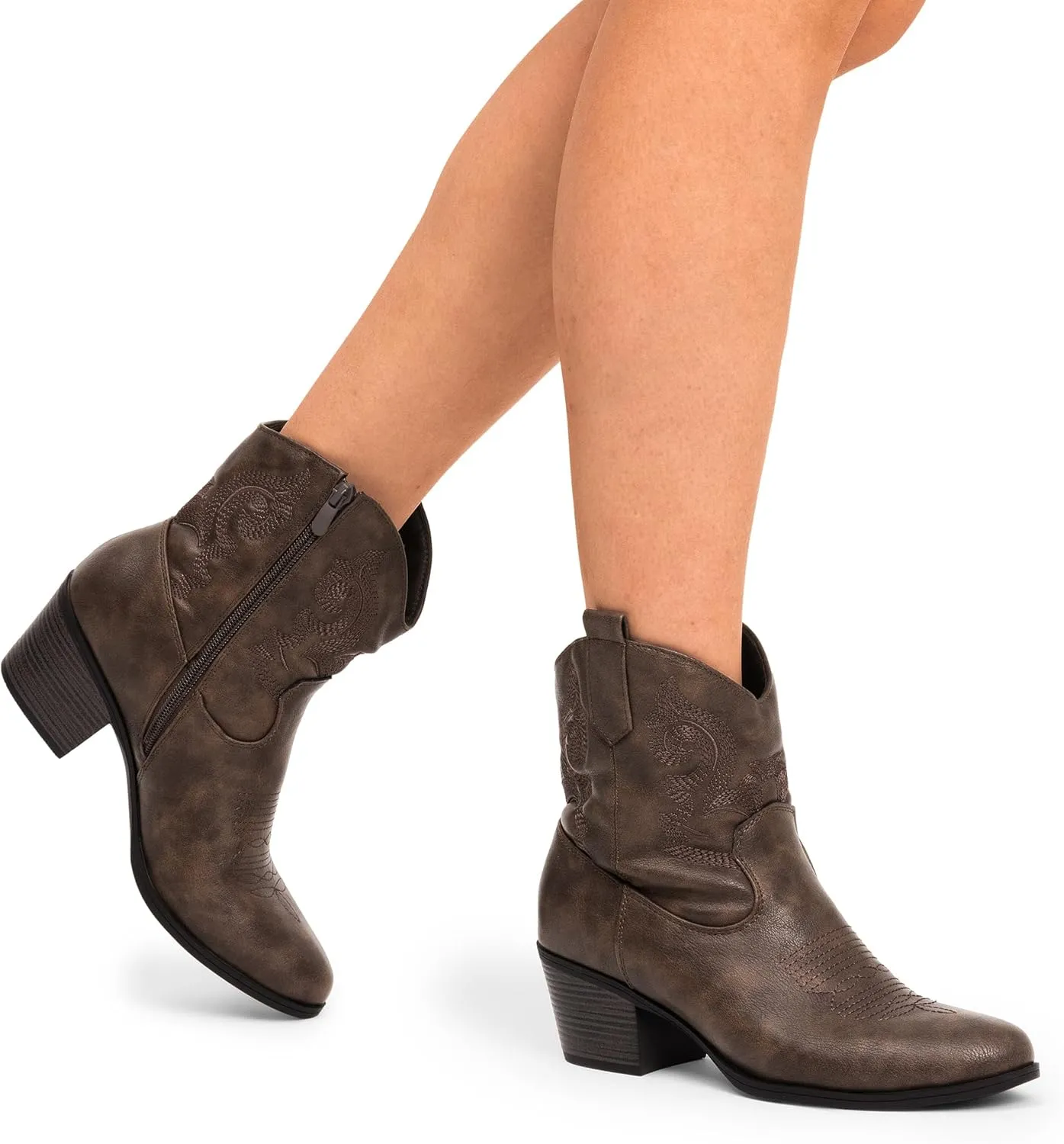 DREAM PAIRS Women's Western Cowboy Cowgirl Embroidered Ankle Boots Fashion Low chunky Heel Round Toe Fall Short Booties Shoes