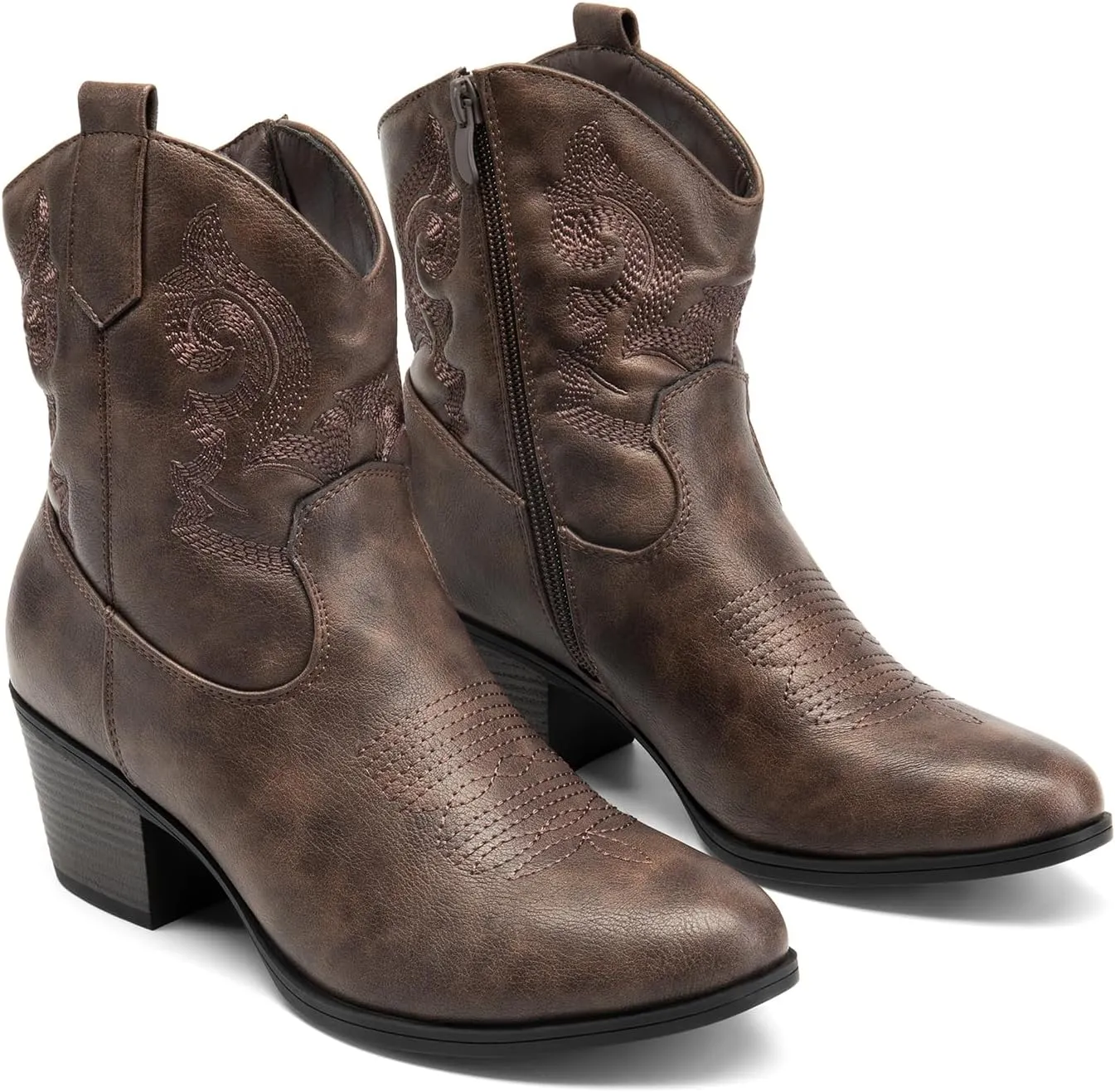 DREAM PAIRS Women's Western Cowboy Cowgirl Embroidered Ankle Boots Fashion Low chunky Heel Round Toe Fall Short Booties Shoes