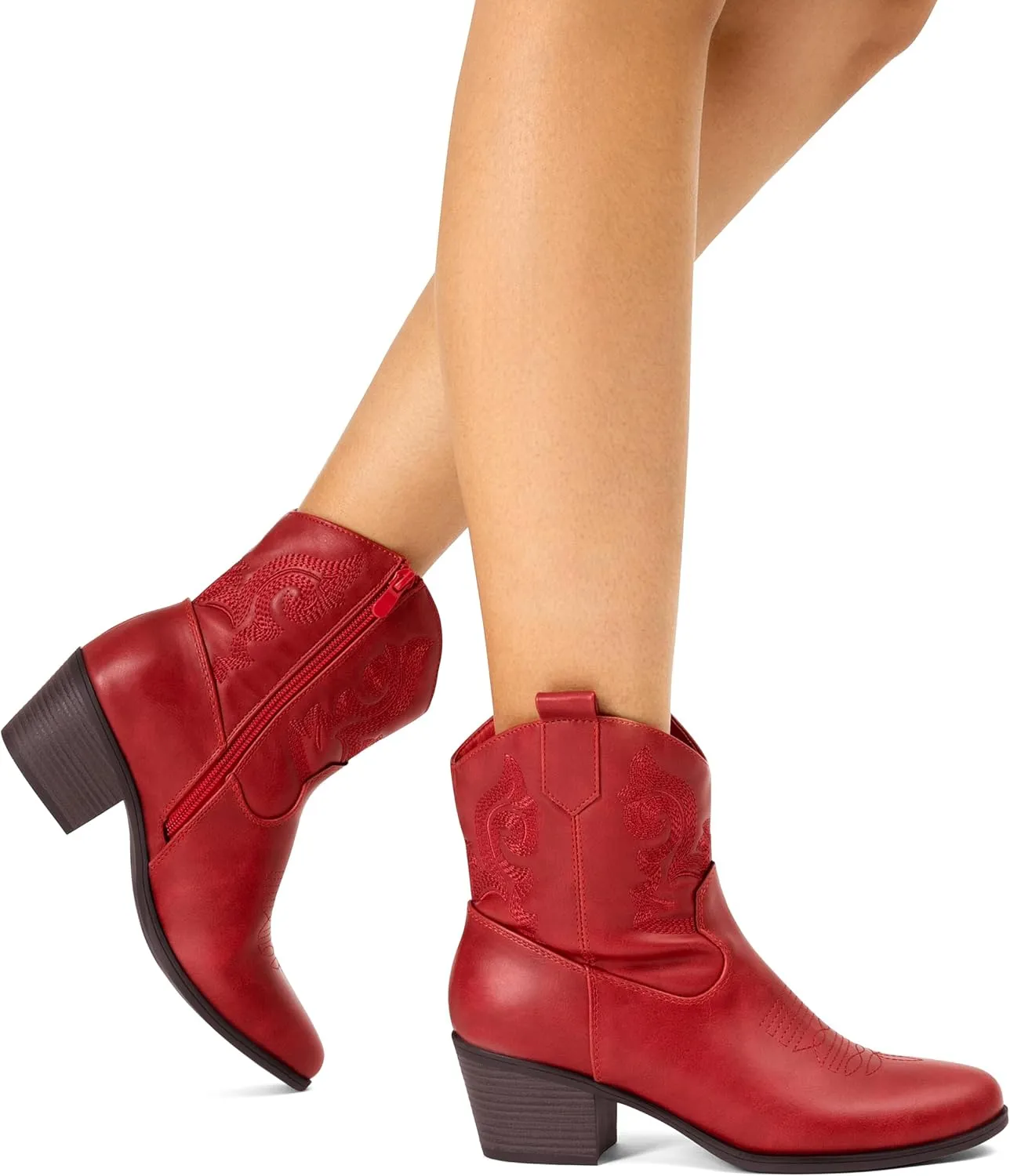 DREAM PAIRS Women's Western Cowboy Cowgirl Embroidered Ankle Boots Fashion Low chunky Heel Round Toe Fall Short Booties Shoes