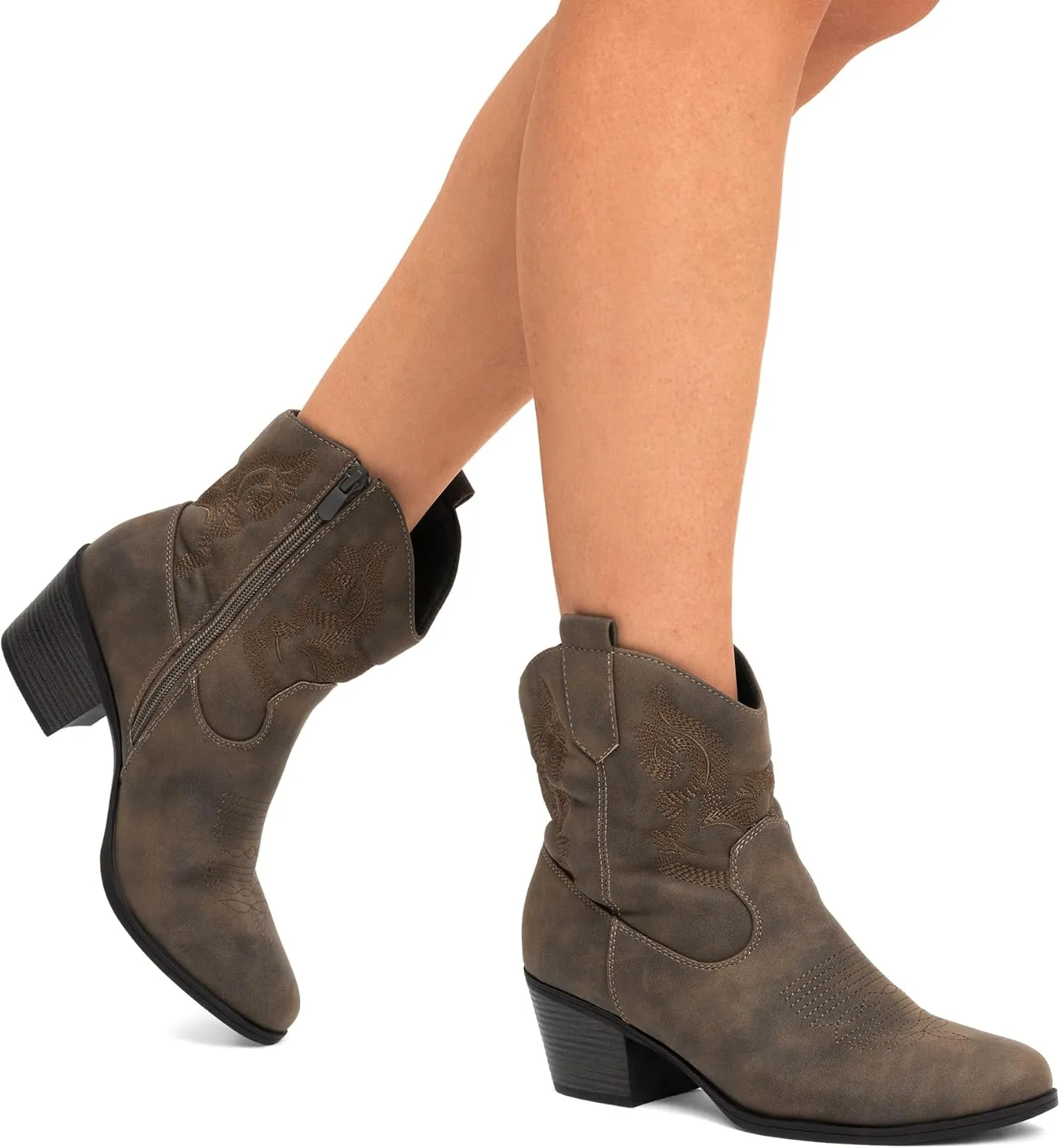 DREAM PAIRS Women's Western Cowboy Cowgirl Embroidered Ankle Boots Fashion Low chunky Heel Round Toe Fall Short Booties Shoes