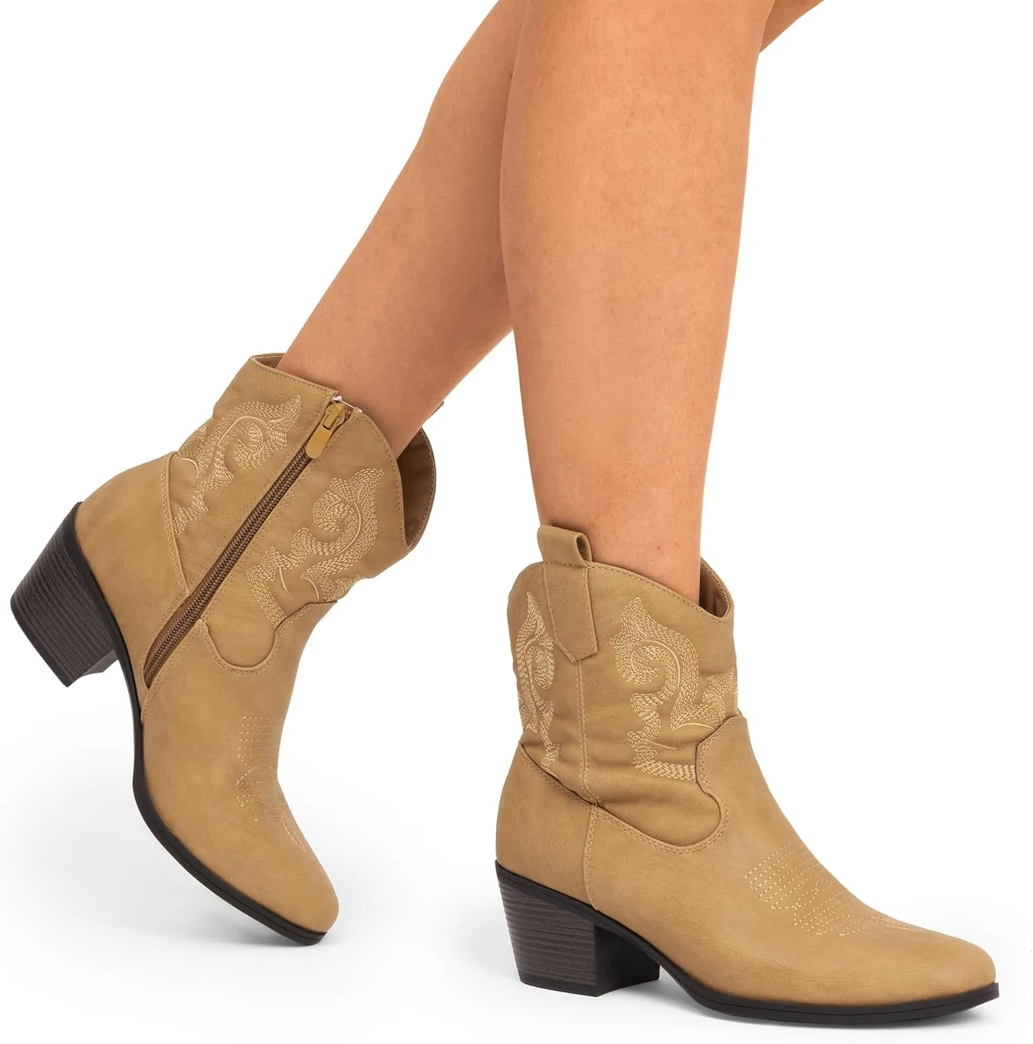 DREAM PAIRS Women's Western Cowboy Cowgirl Embroidered Ankle Boots Fashion Low chunky Heel Round Toe Fall Short Booties Shoes