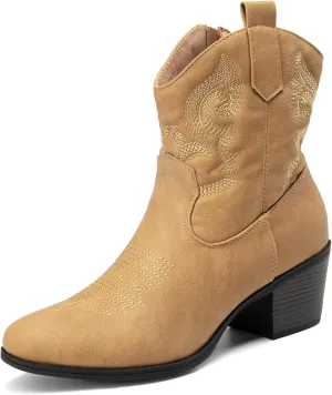DREAM PAIRS Women's Western Cowboy Cowgirl Embroidered Ankle Boots Fashion Low chunky Heel Round Toe Fall Short Booties Shoes
