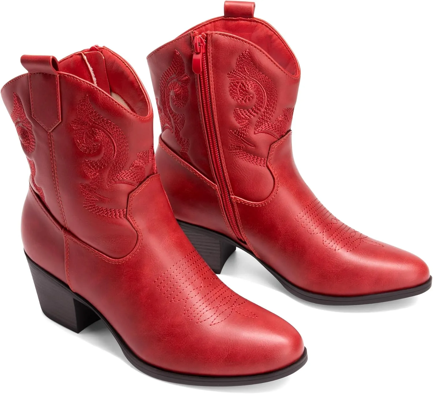 DREAM PAIRS Women's Western Cowboy Cowgirl Embroidered Ankle Boots Fashion Low chunky Heel Round Toe Fall Short Booties Shoes