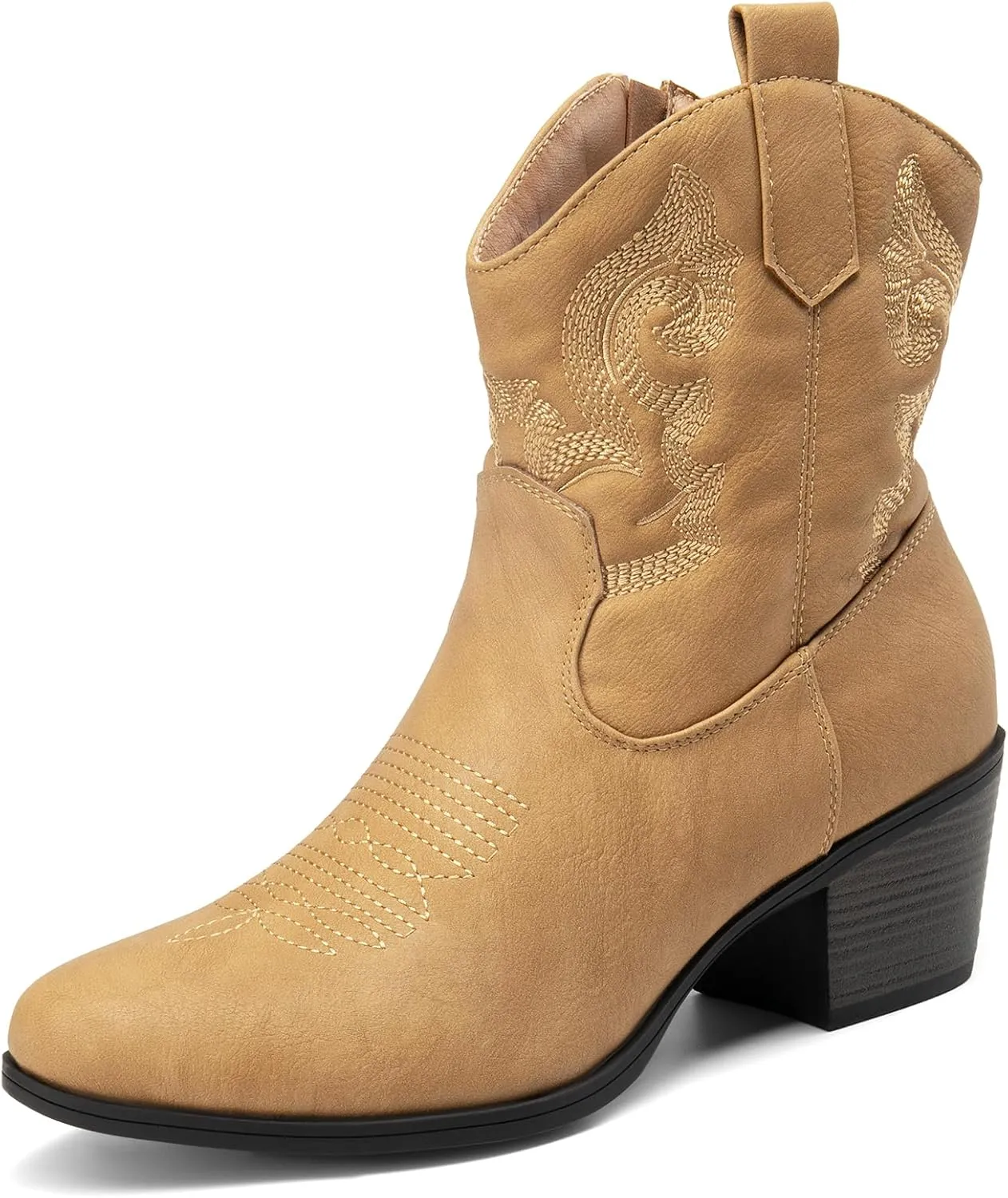 DREAM PAIRS Women's Western Cowboy Cowgirl Embroidered Ankle Boots Fashion Low chunky Heel Round Toe Fall Short Booties Shoes