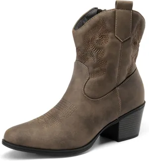 DREAM PAIRS Women's Western Cowboy Cowgirl Embroidered Ankle Boots Fashion Low chunky Heel Round Toe Fall Short Booties Shoes