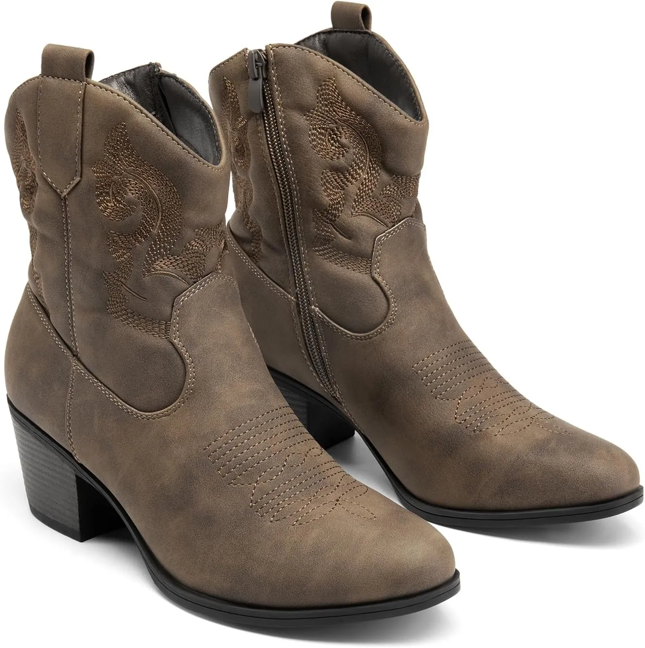 DREAM PAIRS Women's Western Cowboy Cowgirl Embroidered Ankle Boots Fashion Low chunky Heel Round Toe Fall Short Booties Shoes