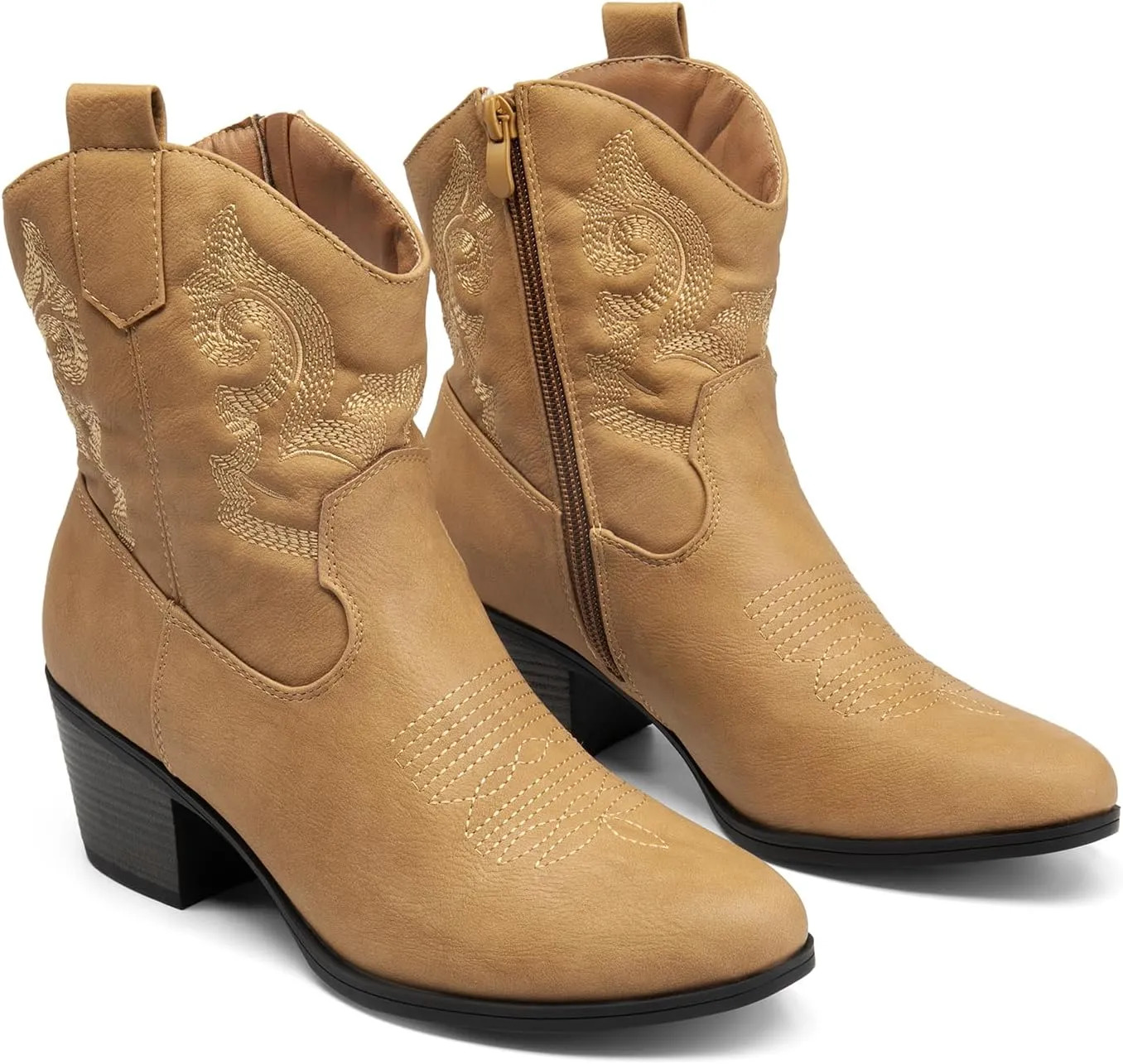 DREAM PAIRS Women's Western Cowboy Cowgirl Embroidered Ankle Boots Fashion Low chunky Heel Round Toe Fall Short Booties Shoes