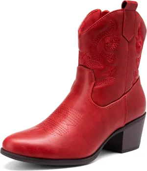 DREAM PAIRS Women's Western Cowboy Cowgirl Embroidered Ankle Boots Fashion Low chunky Heel Round Toe Fall Short Booties Shoes