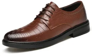 Dress Shoes for Men Lace Up Round Burnished Toe Patchwork Leather Crocodile Print Derby Shoes Rubber Sole Slip Resistant Block Heel Prom