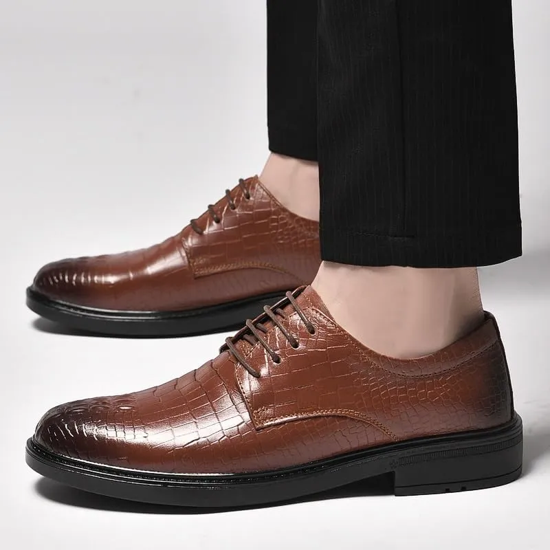 Dress Shoes for Men Lace Up Round Burnished Toe Patchwork Leather Crocodile Print Derby Shoes Rubber Sole Slip Resistant Block Heel Prom