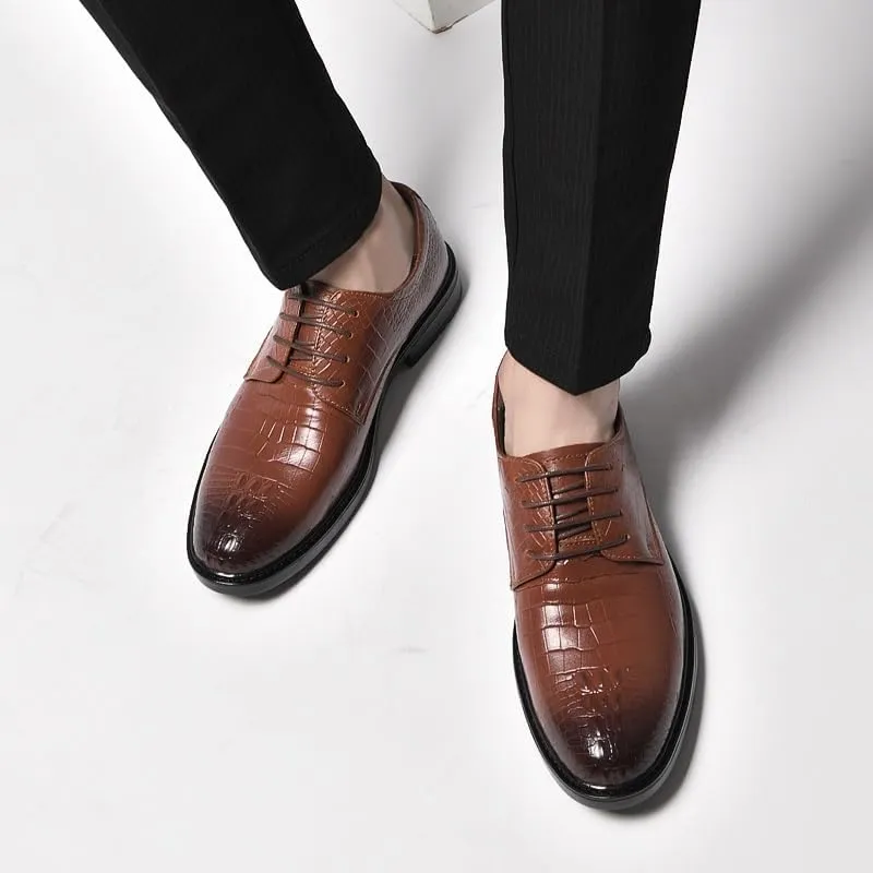 Dress Shoes for Men Lace Up Round Burnished Toe Patchwork Leather Crocodile Print Derby Shoes Rubber Sole Slip Resistant Block Heel Prom