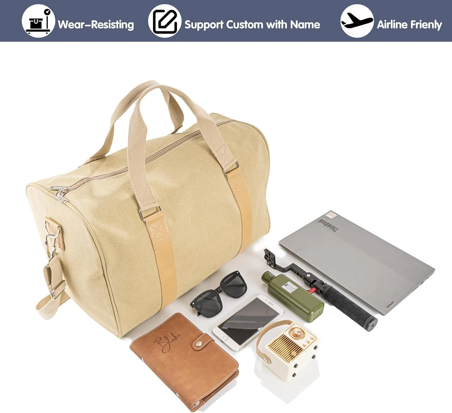 Duffle Bag for Men Boys | Personalized Travel Overnight Bags with Embroidered Name | Canvas Weekender Duffle Bag with Shoe Compartment | Best Custom Men Gift for Groomsmen Father (Khaki)