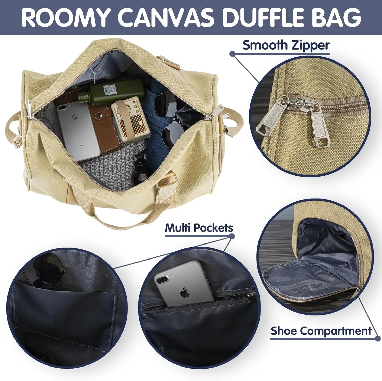 Duffle Bag for Men Boys | Personalized Travel Overnight Bags with Embroidered Name | Canvas Weekender Duffle Bag with Shoe Compartment | Best Custom Men Gift for Groomsmen Father (Khaki)