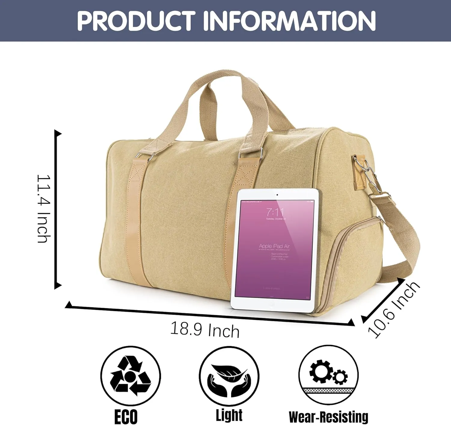 Duffle Bag for Men Boys | Personalized Travel Overnight Bags with Embroidered Name | Canvas Weekender Duffle Bag with Shoe Compartment | Best Custom Men Gift for Groomsmen Father (Khaki)