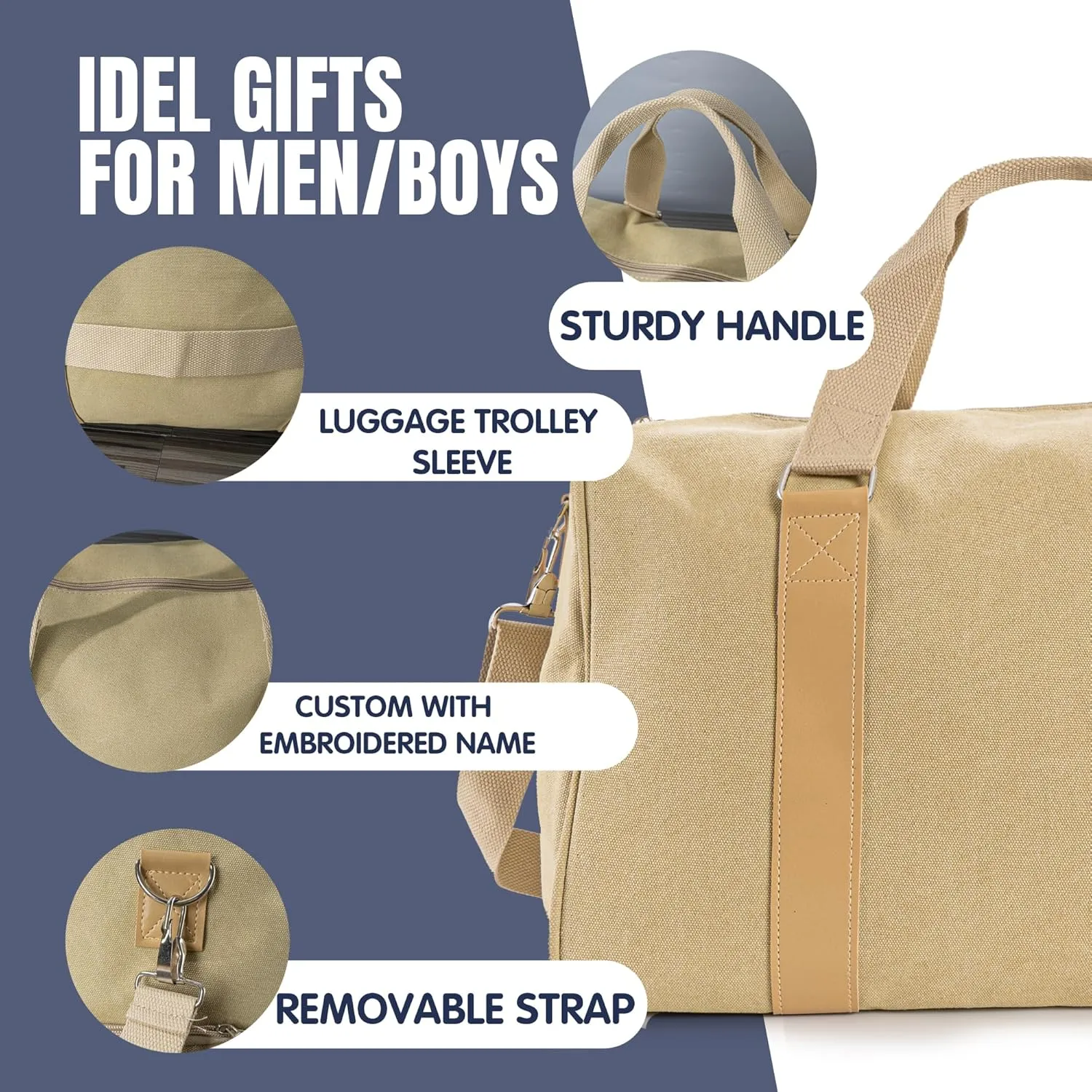 Duffle Bag for Men Boys | Personalized Travel Overnight Bags with Embroidered Name | Canvas Weekender Duffle Bag with Shoe Compartment | Best Custom Men Gift for Groomsmen Father (Khaki)