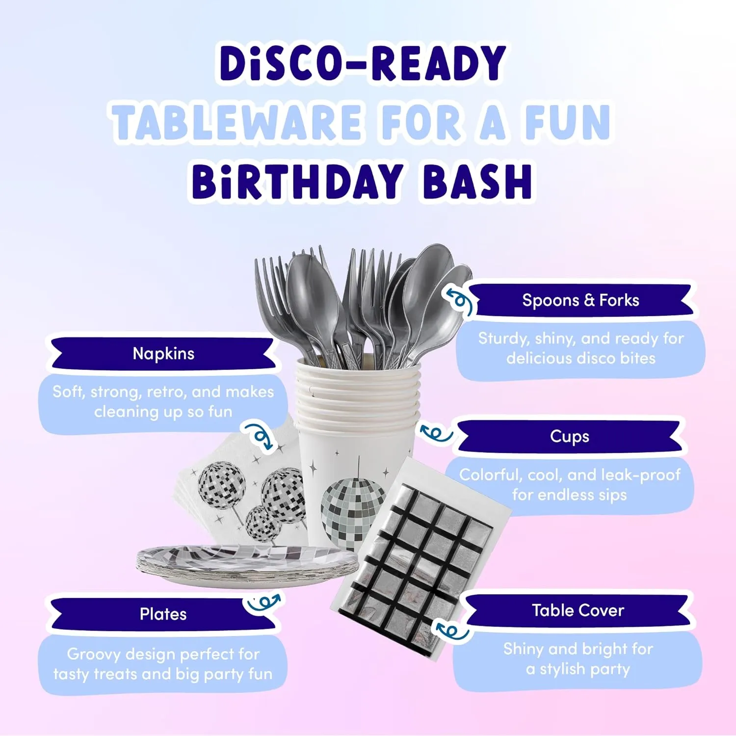 ecoZen Disco Birthday Decorations Set - Sparkly Themed Supplies with Disco Ball Decor, Iridescent Balloons, Tableware, Flatware, Cupcake Liners, Table Cover, Happy Birthday Banner, Party Favor Bags