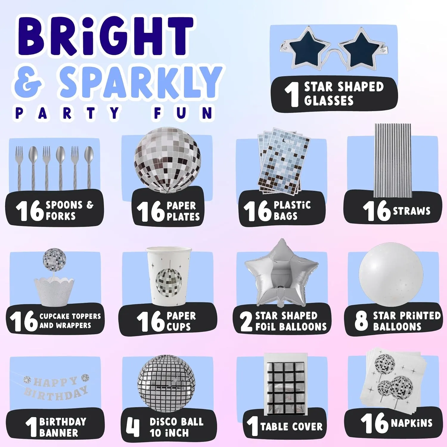 ecoZen Disco Birthday Decorations Set - Sparkly Themed Supplies with Disco Ball Decor, Iridescent Balloons, Tableware, Flatware, Cupcake Liners, Table Cover, Happy Birthday Banner, Party Favor Bags