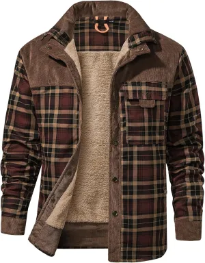 Eisctnd Men's Sherpa Lined Flannel Jacket Outdoor Long Sleeve Plaid Fleece Shirt Warm Casual Button Down Coat