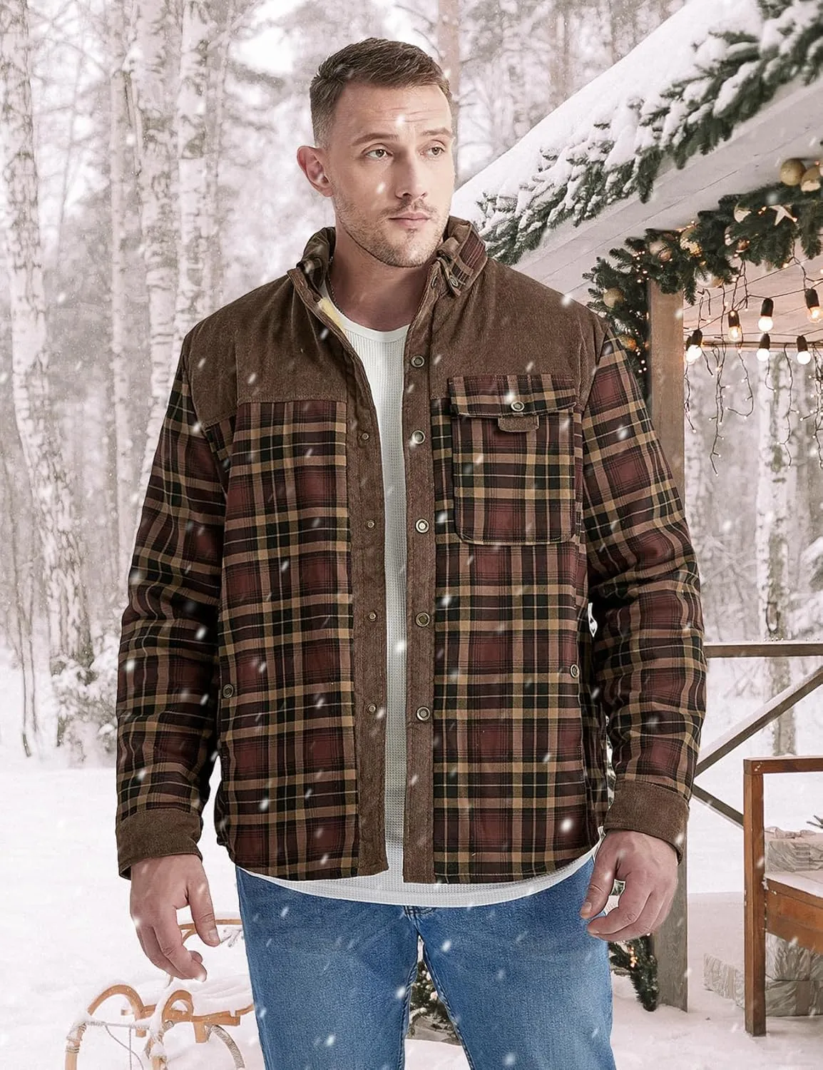 Eisctnd Men's Sherpa Lined Flannel Jacket Outdoor Long Sleeve Plaid Fleece Shirt Warm Casual Button Down Coat